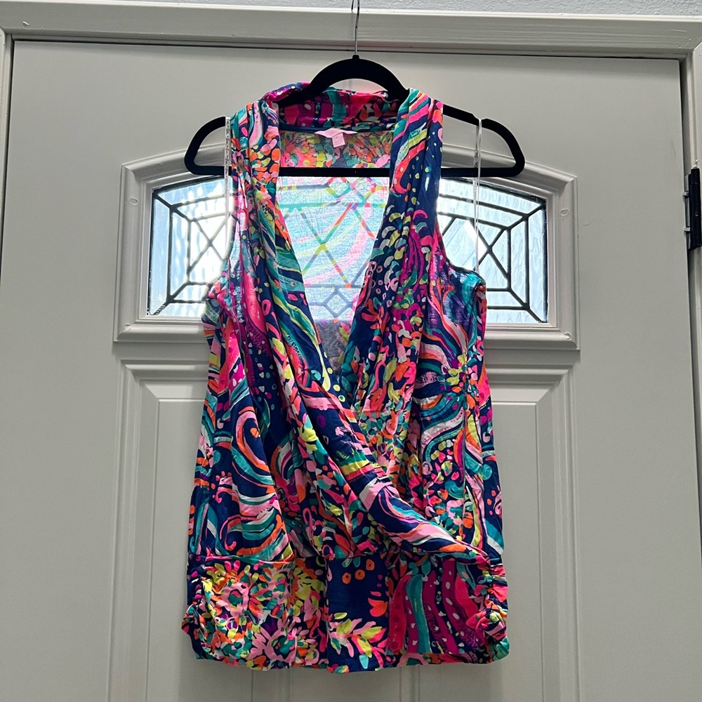 Lilly Pulitzer Womens Tank Top XL Heron Beach Loot Sleeveless Faux Wrap Drape